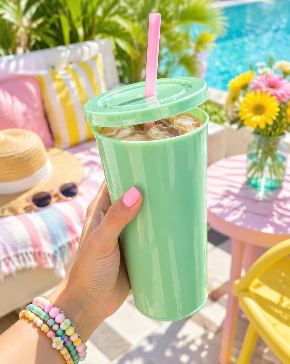 Mint reusable cold cup with pink straw